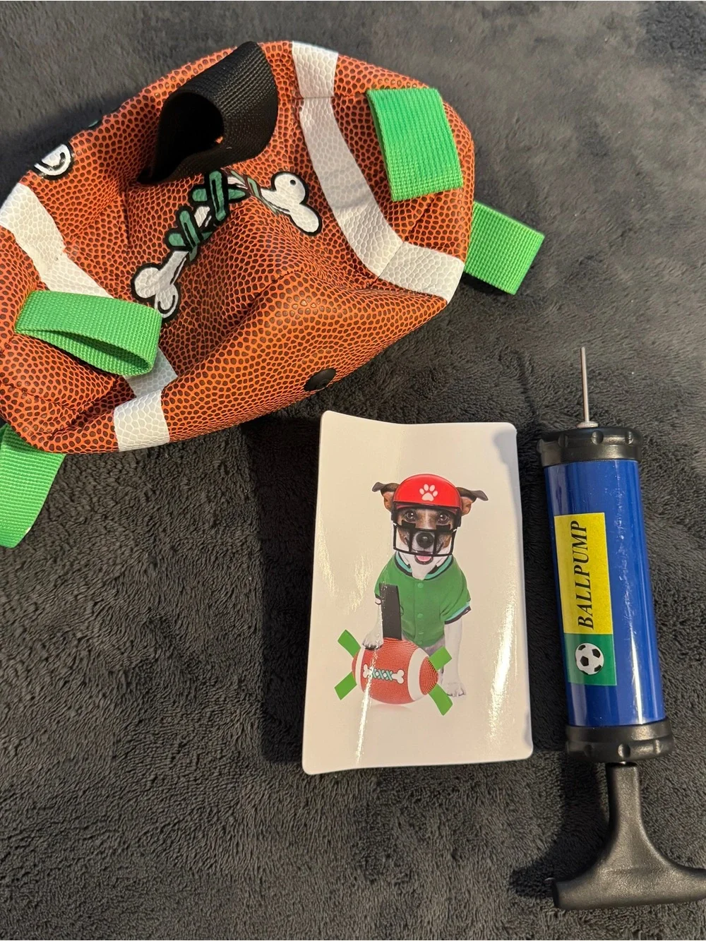 Dog Football Toy with Grab Straps & Hand Pump Inflatable Tug Fetch Ball Orange